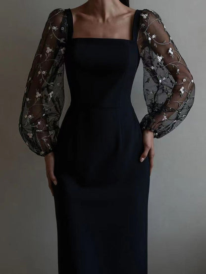 Square Neck Fishnet Embroidery Stitching Hip Dress