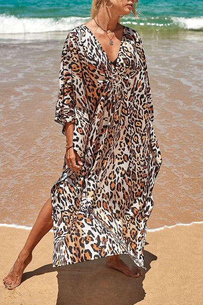 Simple Unique Printed Pleated Front Slit Cover Up