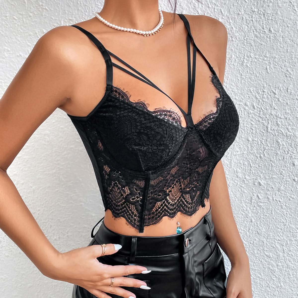 Hollow out lace hem v neck solid cami cut out top