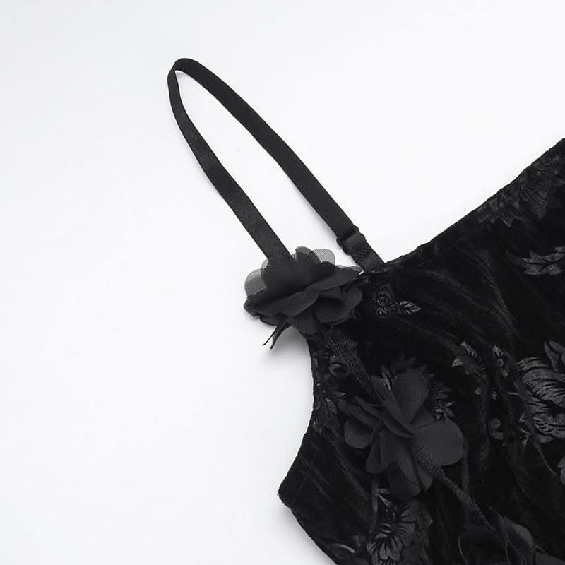 U neck velvet flower pattern slit maxi dress