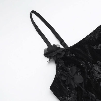 U neck velvet flower pattern slit maxi dress