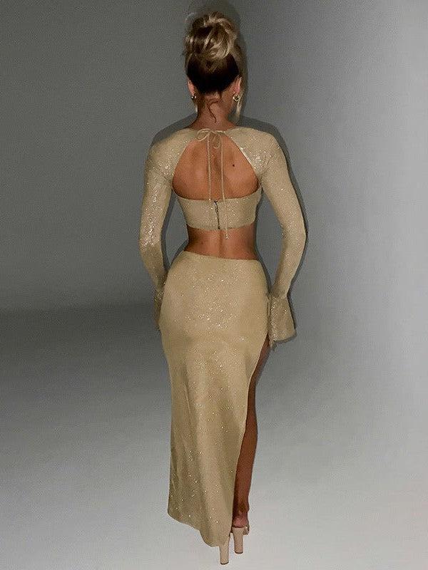 Shimmer Backless Crop Top & Sheath Skirt Coord Set