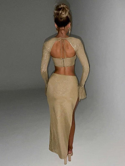 Shimmer Backless Crop Top & Sheath Skirt Coord Set