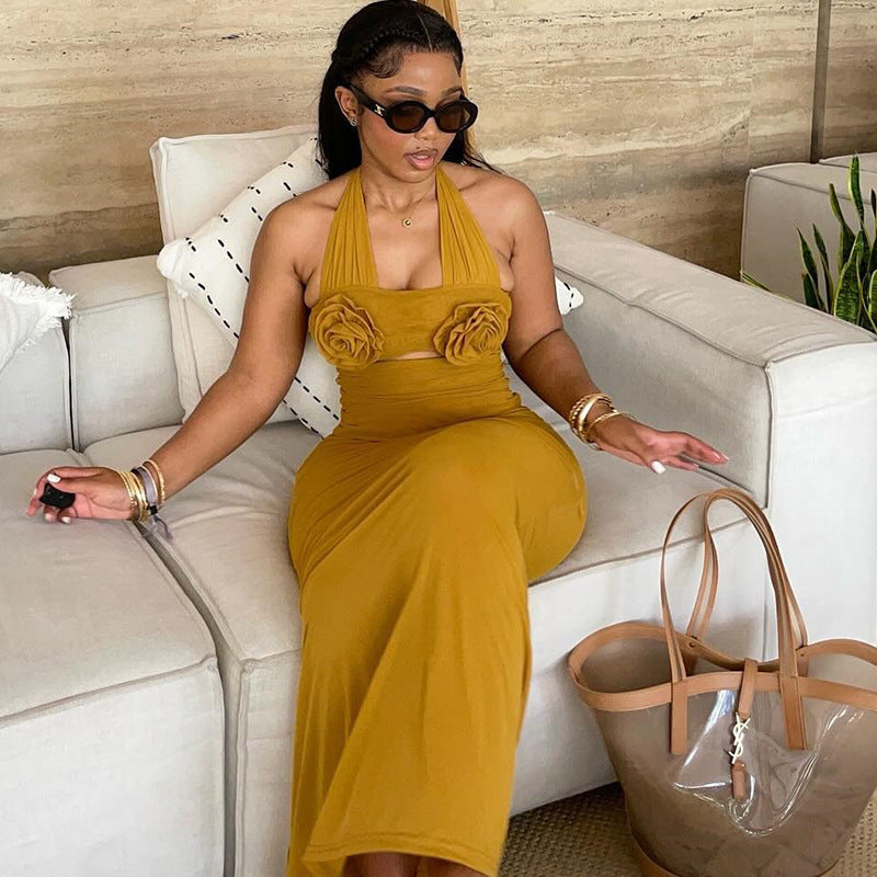 Halter Neck 3D Applique Midriff Cut Out Bodycon Maxi Dress