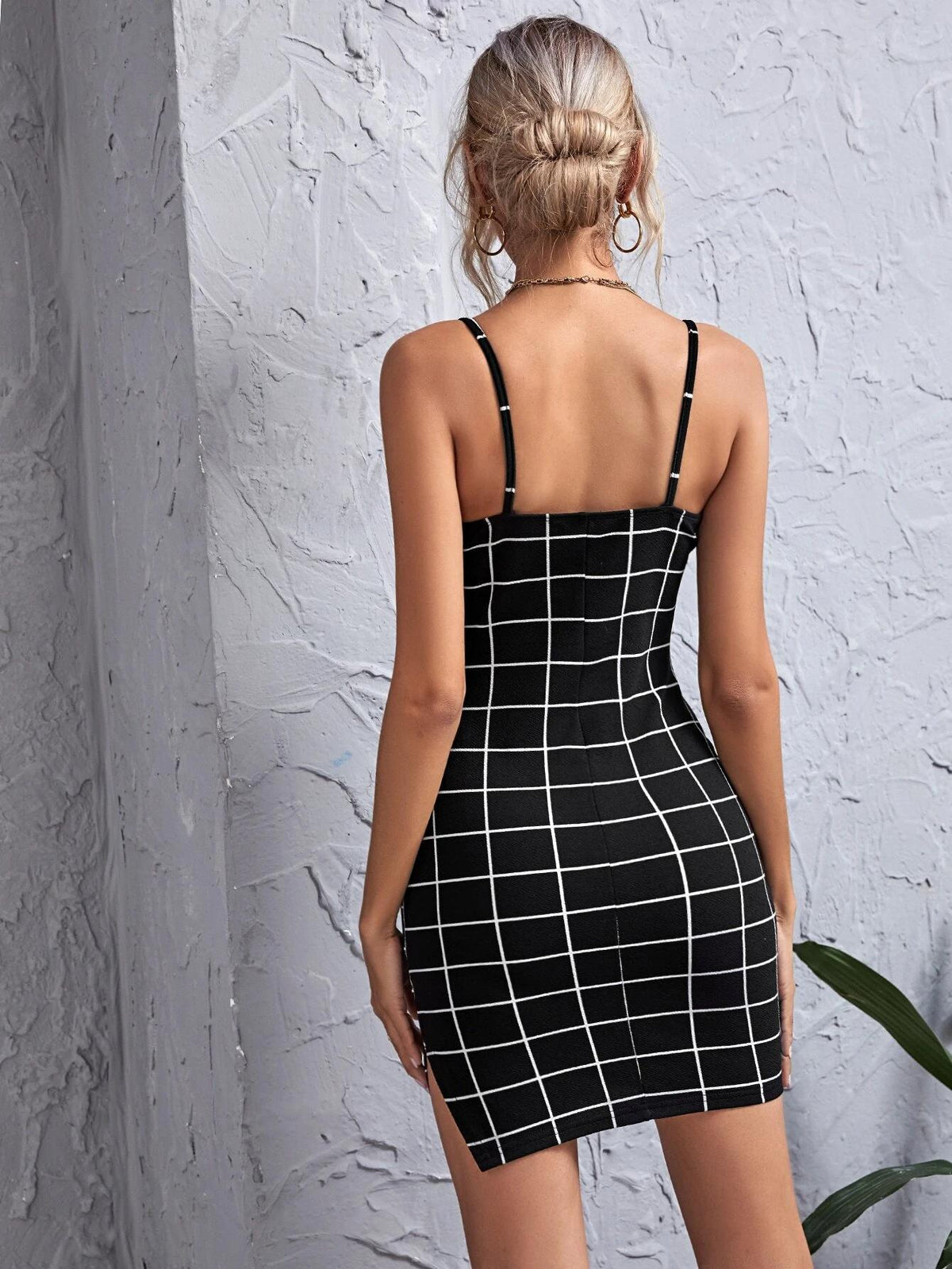 Windowpane Plaid Spaghetti Strap Side Slit Bodycon Mini Dress