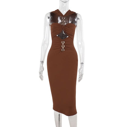 Halter hollow out o ring ruched cut out maxi dress