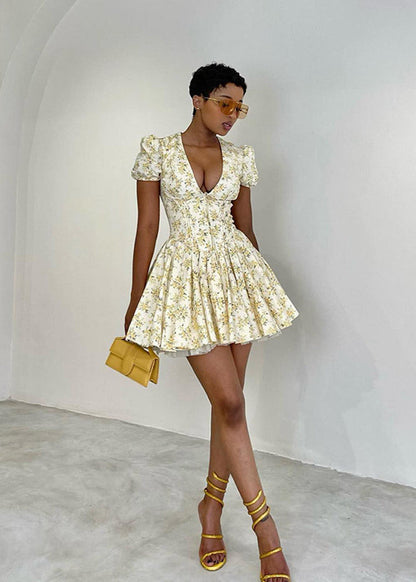 Sunlit Bloom Puff-Sleeve Mini Dress