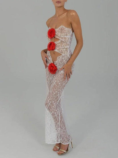 Floral Lace Rose Tube Cutout See through Maxi Dress