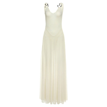 Ring Strap Deep V Neck Pleated Backless Maxi Dress