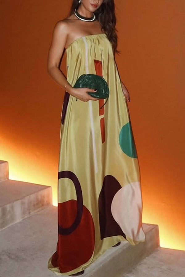 Miss Me Satin Unique Printed Off Shoulder Pocketed Loose Maxi Dress