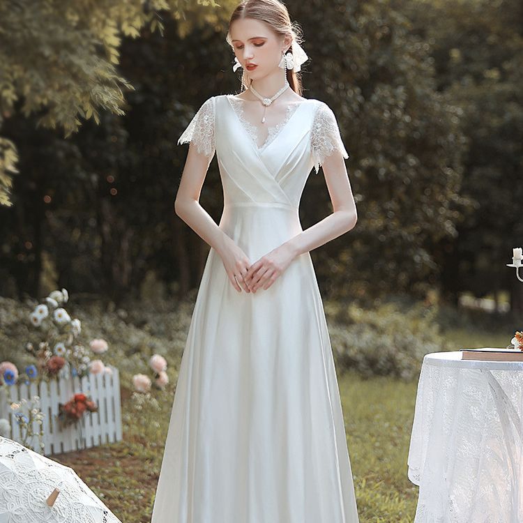 Satin V-Neck Lace Wedding Dress