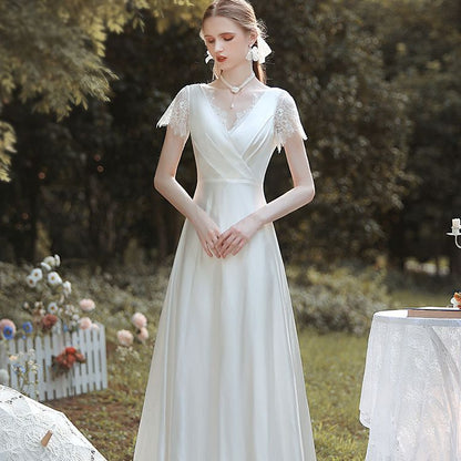 Satin V-Neck Lace Wedding Dress