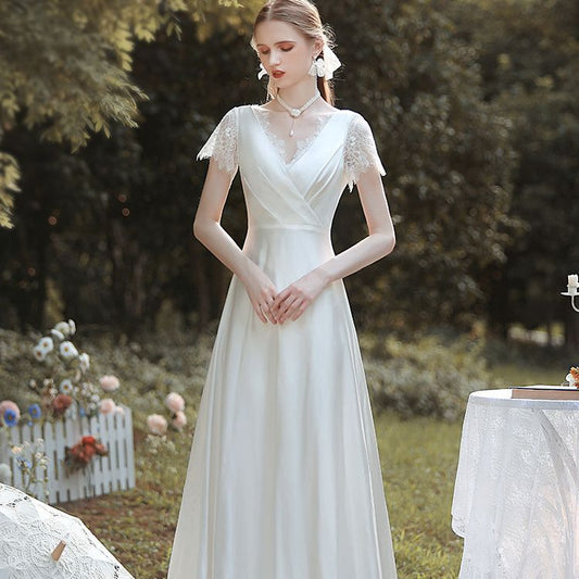 Satin V-Neck Lace Wedding Dress