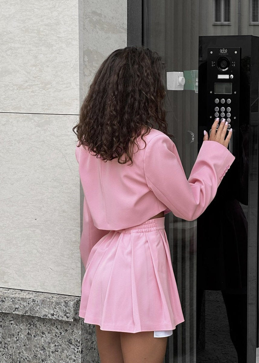 Pink Cropped Blazer and Skater Skirt Set - Playful Elegance