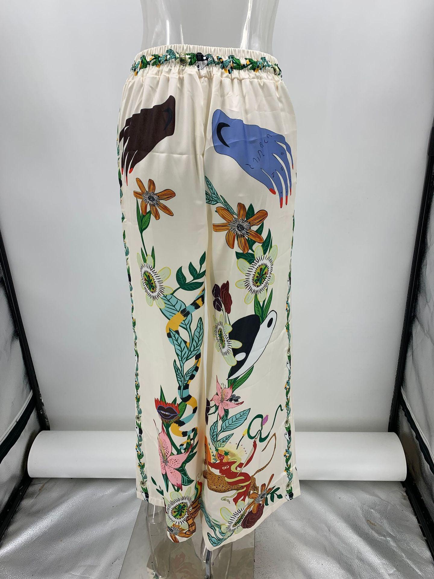 Graffiti Print Satin Short Sleeve Shirt & Pant Coord Set