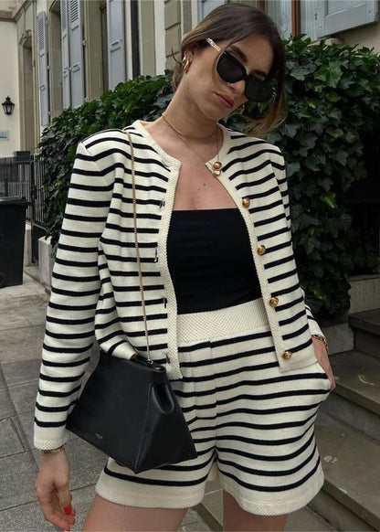 Marseille Knit Set – Striped Cardigan & High-Waisted Shorts