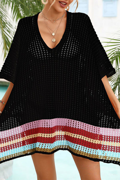 Color Block V Neck Slit Hollow Short Sleeved Knitted Cover Up