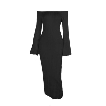 Off shoulder long sleeve knitted solid maxi dress