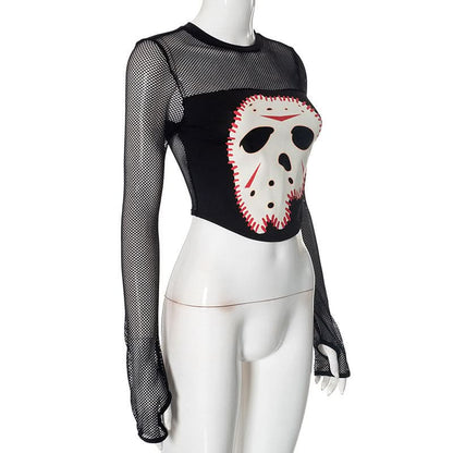 Long sleeve crewneck fishnet hole head pattern top