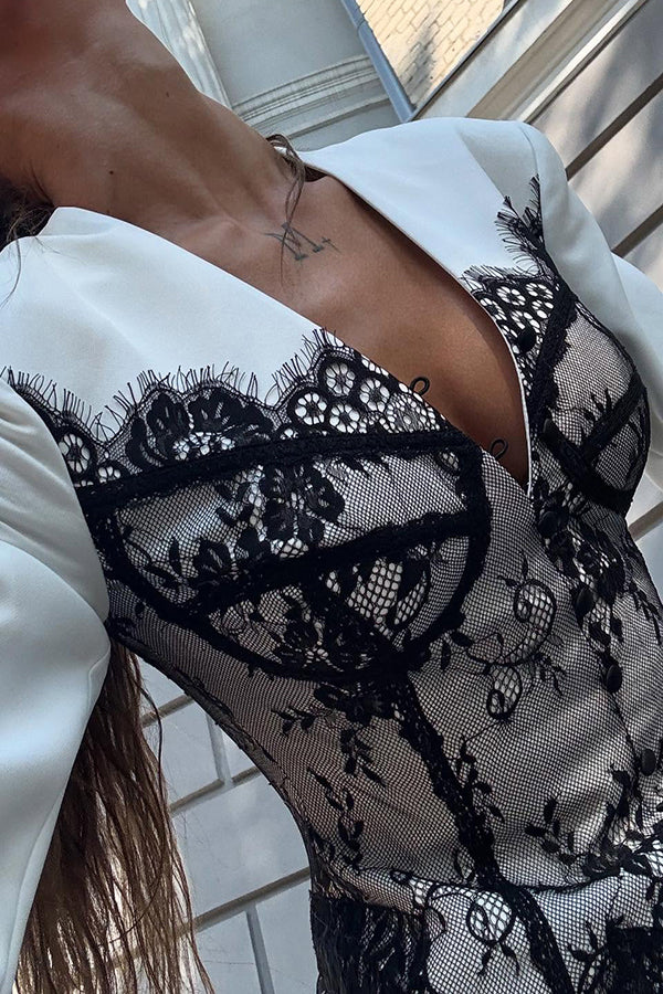 Saela Contrast Lace Corset Design V-neck Long Sleeve Tulip Mini Dress