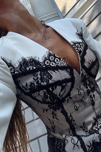 Saela Contrast Lace Corset Design V-neck Long Sleeve Tulip Mini Dress