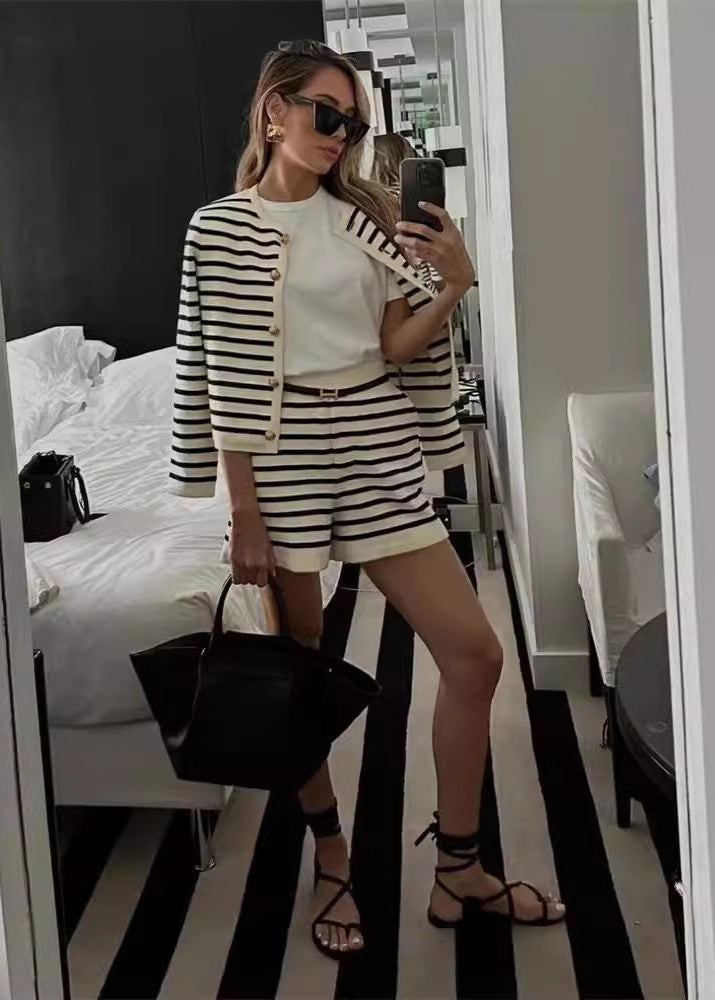 Marseille Knit Set – Striped Cardigan & High-Waisted Shorts