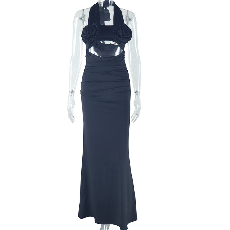 Halter Neck 3D Applique Midriff Cut Out Bodycon Maxi Dress