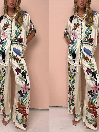 Graffiti Print Satin Short Sleeve Shirt & Pant Coord Set