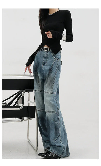Vintage Distressed And Dirt-Dyed Patchwork Wide-Leg Jeans