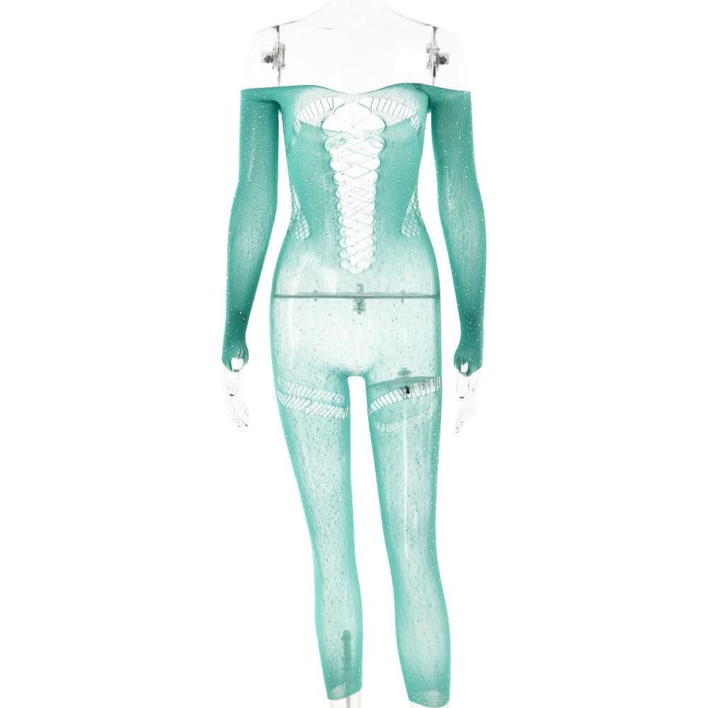 Off shoulder long sleeve beaded hollow out jumpsuit
