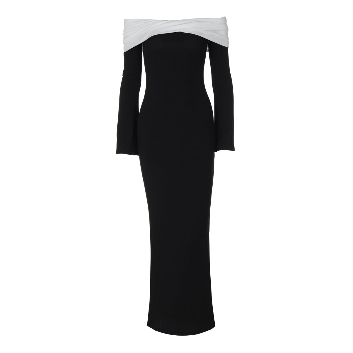 Off Shoulder Draped Contrast Bodice Long Sleeve Mermaid Maxi Dress