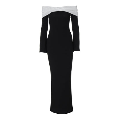 Off Shoulder Draped Contrast Bodice Long Sleeve Mermaid Maxi Dress