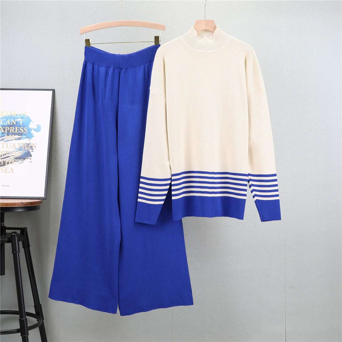 Blue - Striped Half-Turtleneck Sweater Two Piece Set
