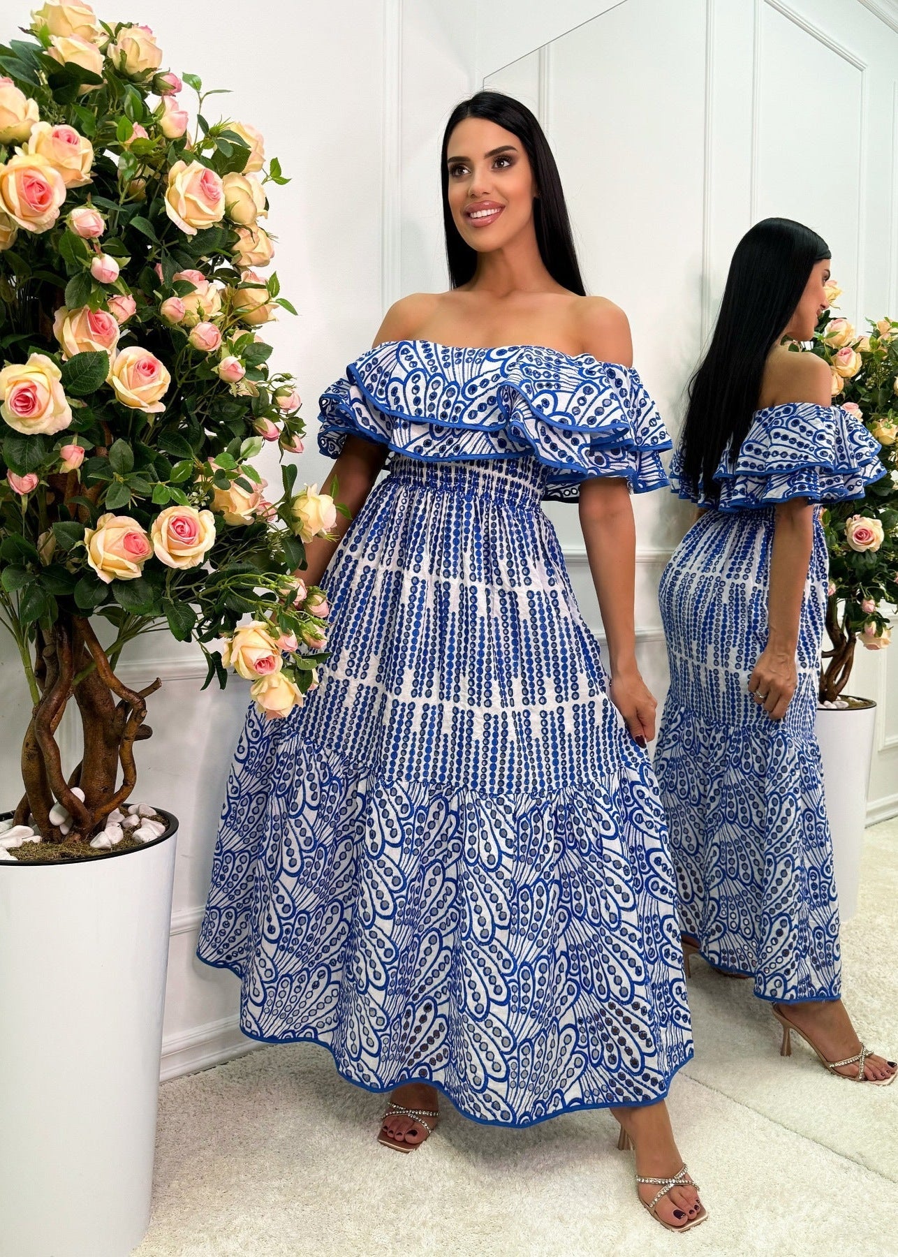 Marina Ruffle Off-Shoulder Dress – Blue EmbroideRed Boho Maxi