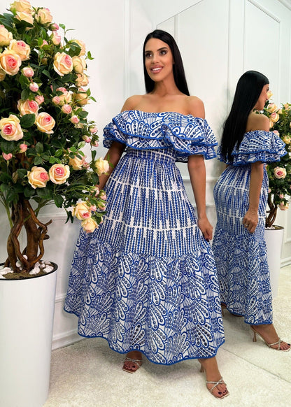 Marina Ruffle Off-Shoulder Dress – Blue EmbroideRed Boho Maxi