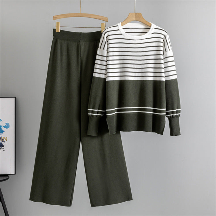 Green - Striped Knitted Loose Two Piece Set