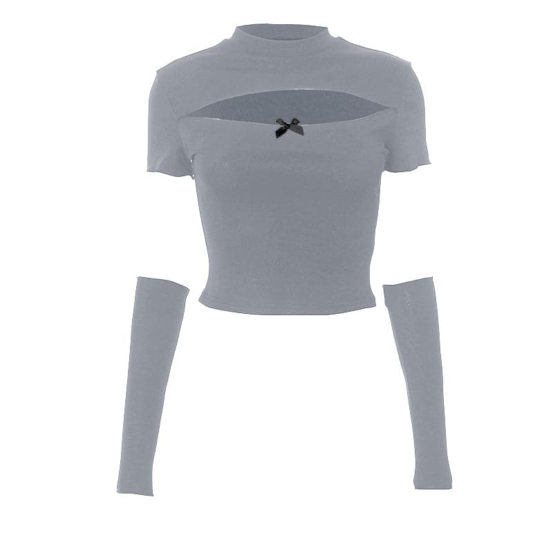 Short sleeve gloves hollow out bowknot crop cut out top