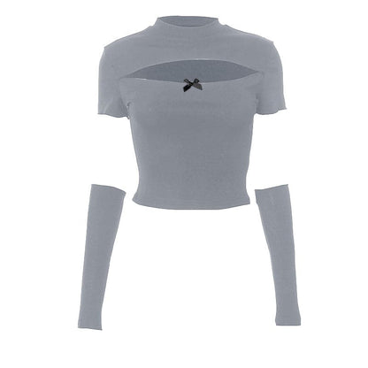 Short sleeve gloves hollow out bowknot crop cut out top