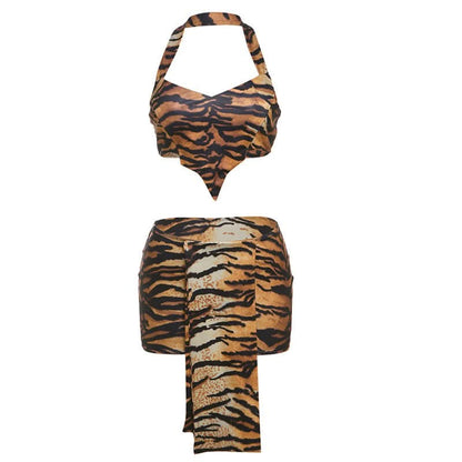 Halter tiger print crop mini skirt set