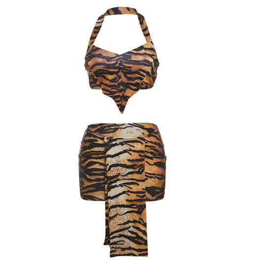 Halter tiger print crop mini skirt set