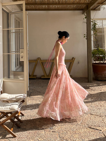 Rosé Gold Fantasy Rococo-Inspired Dress Embroidered Pleated Maxi Gown gunne sax vintage dress
