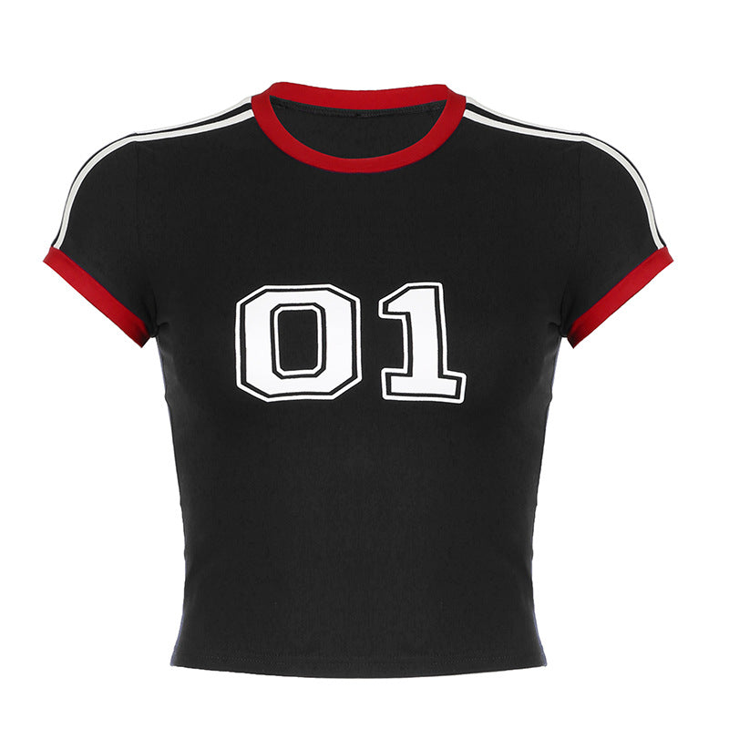 American Street Style Digital Print Contrast Color Short-sleeved T-shirt for Women