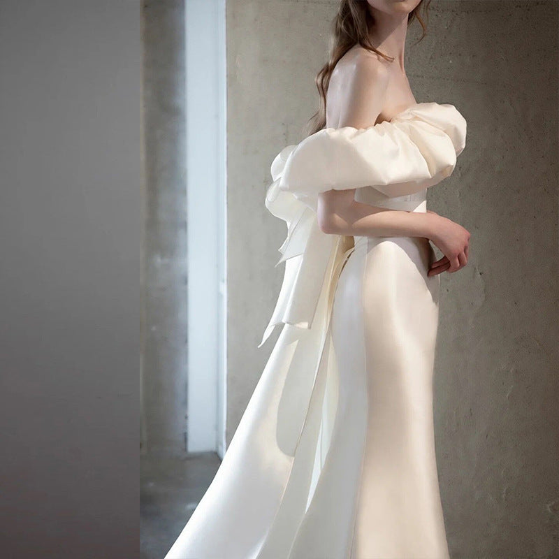 Off-Shoulder Satin Slim Wedding Dress