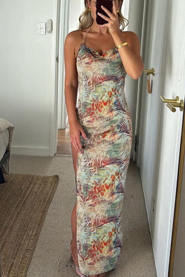 Floral Print Sexy Backless Slit See-Through Holiday Maxi Dress