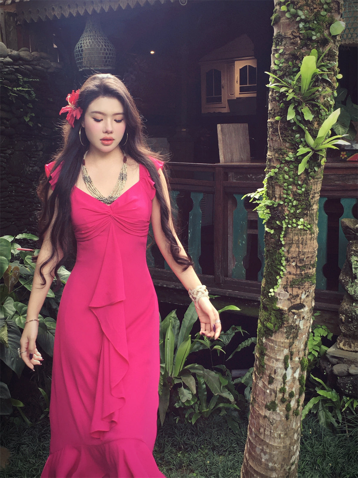 Soft Bloom Rose Midi Romantic Hot Pink Dress with Elegant Silhouette