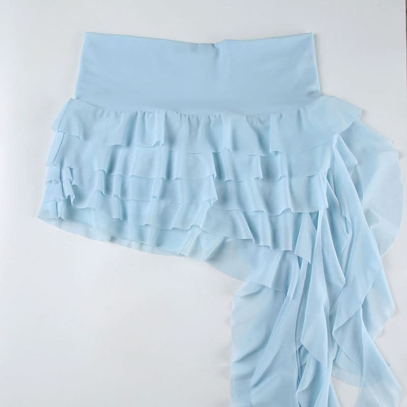 Mesh ruffle irregular mini skirt