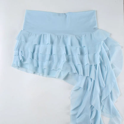 Mesh ruffle irregular mini skirt