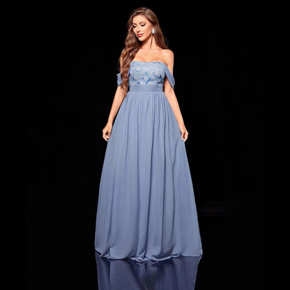 Off-Shoulder Lace Bodice Ruched Waist Pleated Chiffon Maxi Gown