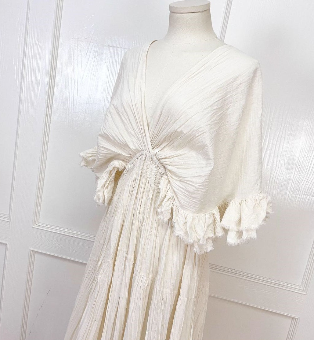 Tailande Linen Maxi Dress V-Neck Ruffle Goddess Gown with 10-Meter Full Hem