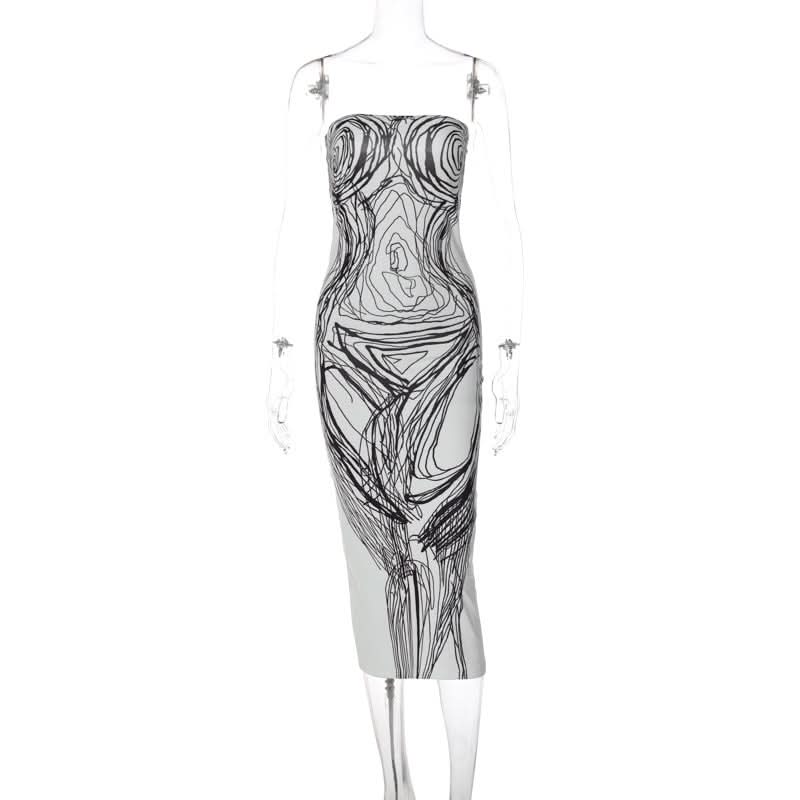 Print contrast backless tube midi dress